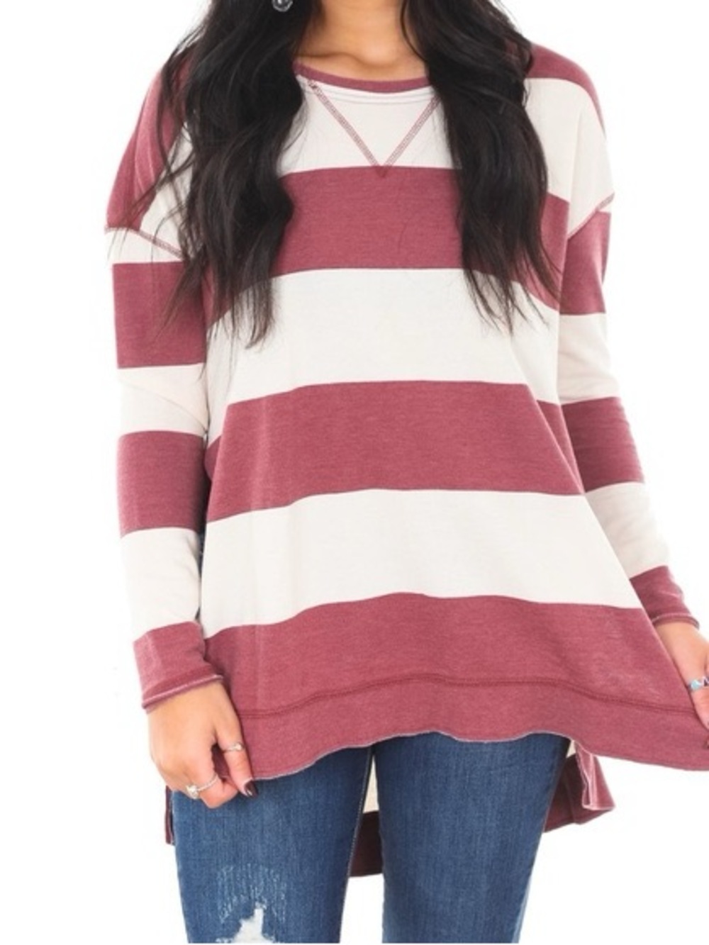 Z Supply Burgandy and Cream Wide Stripe Tunic Top